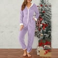 thumbnail image 2 of Women's One Piece Hooded Pajamas Christmas Onesie Outfits Fuzzy Plush Soft Warm Front Zip Jumpsuit Sleepwear (XL, Purple), 2 of 7
