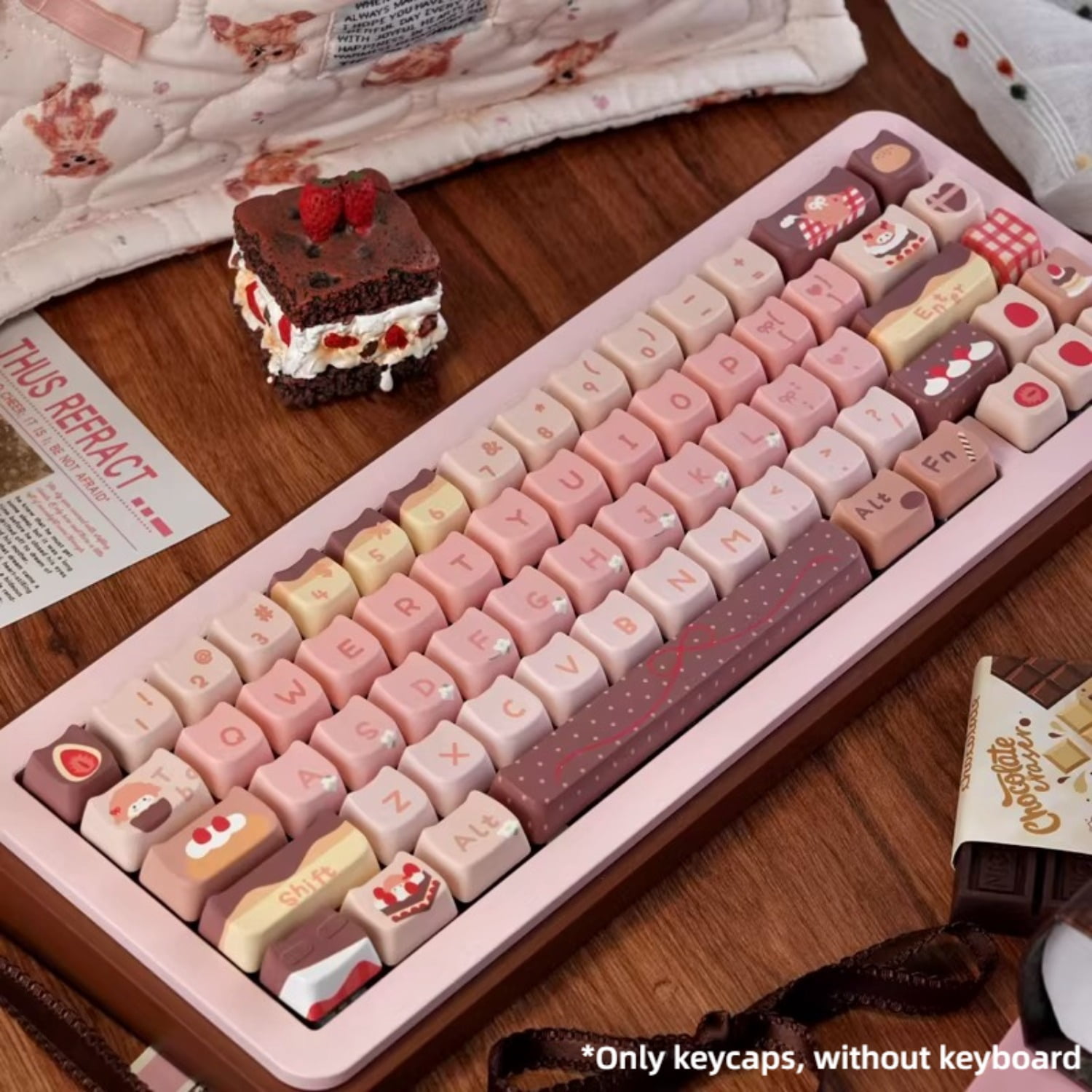 Strawberry Chocolate Cute Keycap Set, High Aesthetic DIY 5-Side Dye-Sublimation Keycaps for Women's Mechanical Keyboard 60-108 Keys