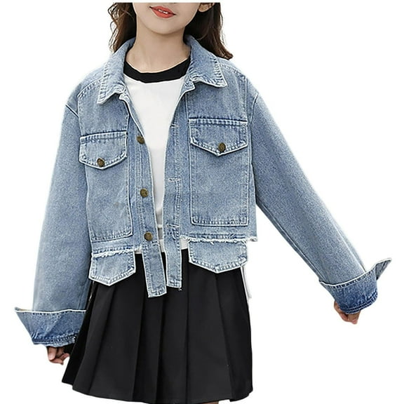 BFHHYA Girls' Fashion Denim Jacket Button Down Long Sleeve Trucker Jacket Collared Casual Coat Streetwear for Photography & Playdates (1-12 Years)