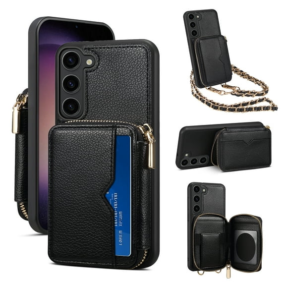 SaniMore Case for Samsung Galaxy S23 Plus 6.6" 2023 with Metal Detachable Crossbody Lanyard Zipper Wallet Pocket Card Slots PU Leather Wear-resistant Shockproof Anti-fall Retro Girly Shell, Black