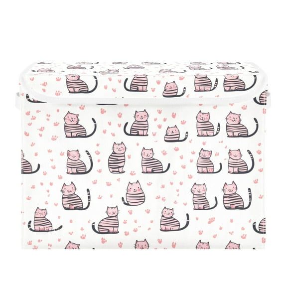 Cute Pink Striped Cat Large Storage Bins with Linen Collapsible Lid Storage Box 16.7 x 12.6 x 11.8in