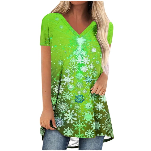 Camiseta Impresa con Cuello en V de Manga de Raglan de la Parte Trasera Larga Delantera Corta de las Mujeres de Navidad, Vacaciones Informales