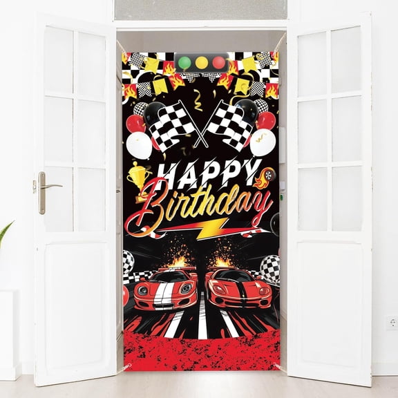1 Pc Happy Birthday Polyester Door Cover Race Car Racing Ribbon Troy Birthday Backdrop Banner Door Porch Sign otogray Background