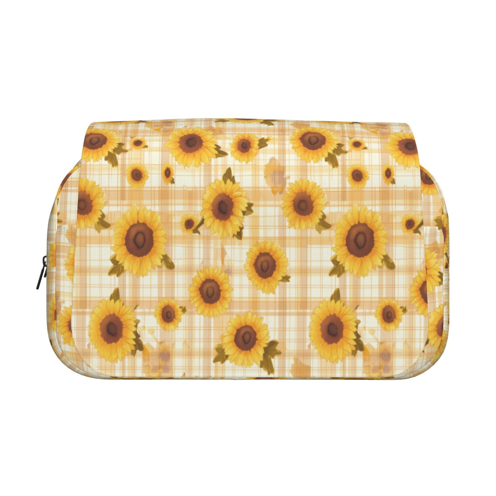 Rateoe Coffee Plaid Sunflower Pattern Double Clamshell Pen Case, Storage Organizer with Two Zipper Compartments– Holds Up to 50 Pencils & Pens