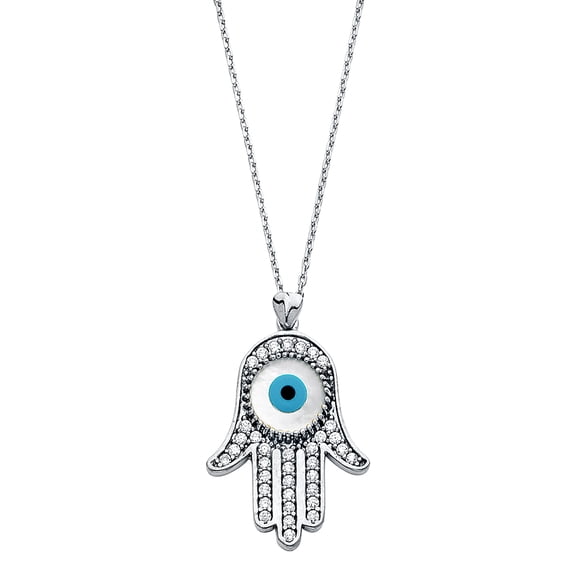 Wellingsale 14k White Gold Polished CZ Cubic Zirconia Evil Eye Necklace - 18"