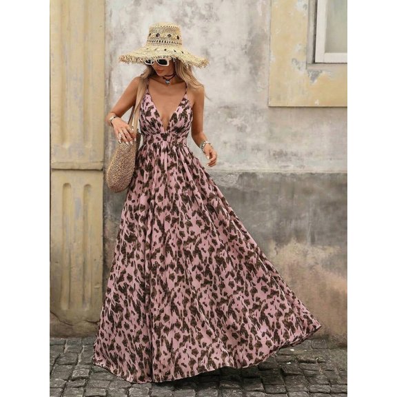 Pink Sleeveless V-Neck Maxi Dress With Leopard Print, Boho Summer Flowy Style