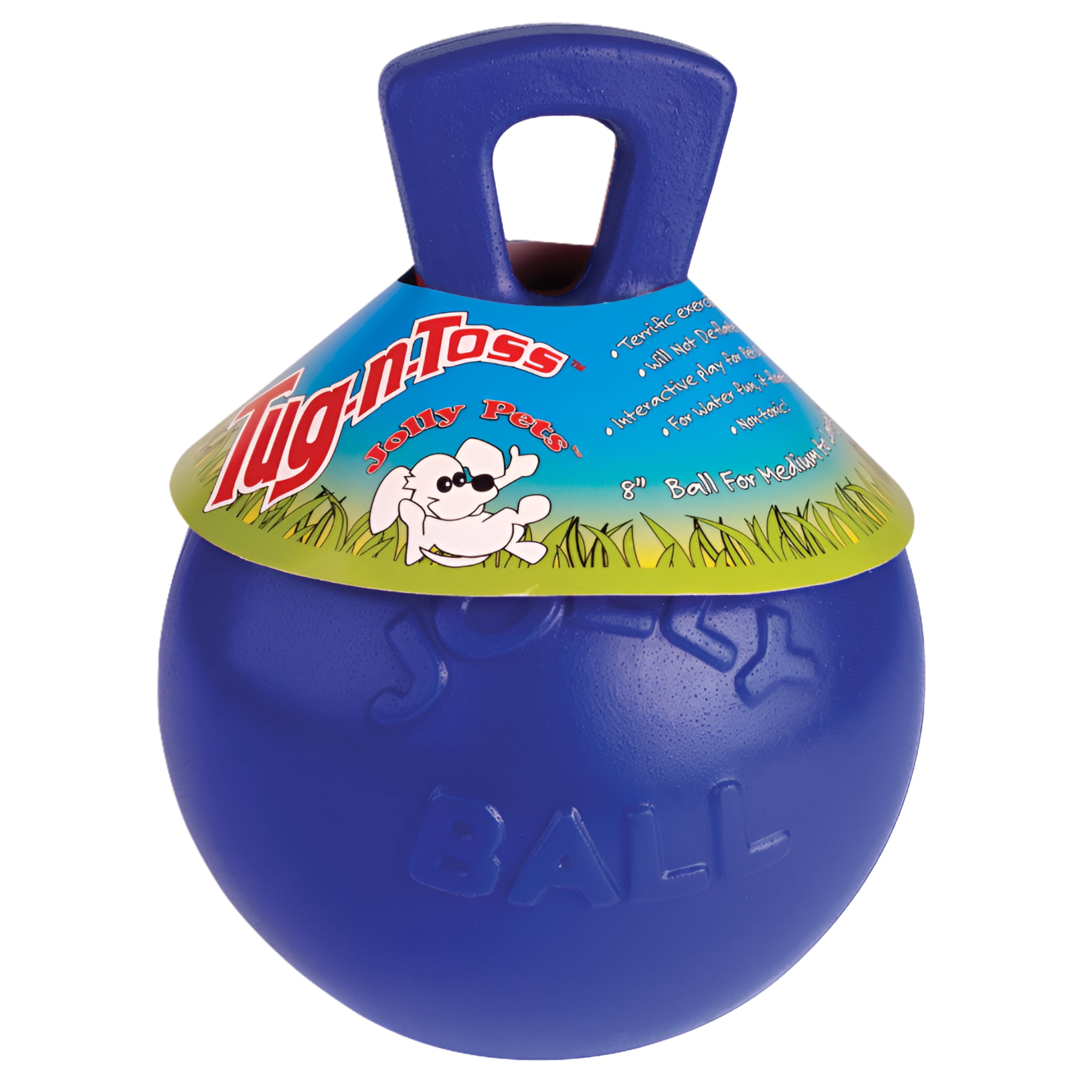 Jolly Pets Tug-N-Toss Ball with Handle Blue 8 inch Rubber Chew Toy for Dogs
