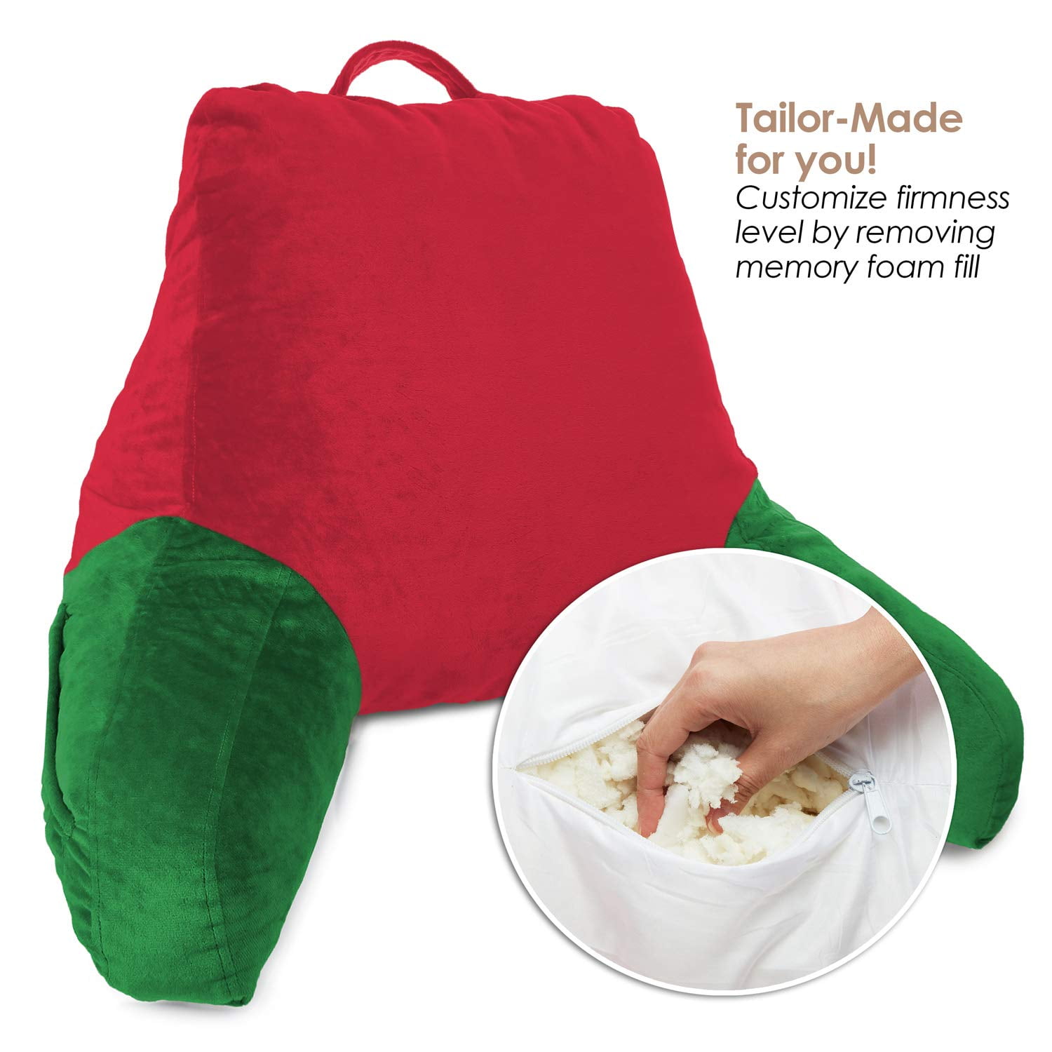 Clara Clark Backrest with Arms and Pockets- Premium Shredded Memory Foam, Medium, Red and Gray