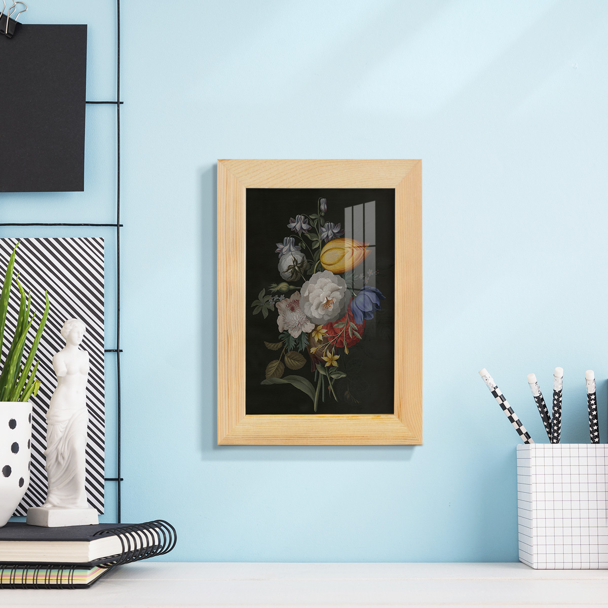 Dramatic Bouquet III -Framed Print w/glass-Natural Wood