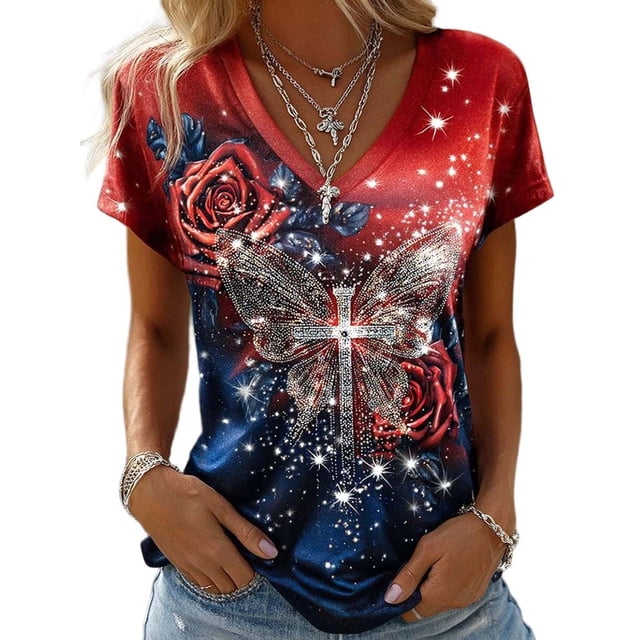 Mujeres Manga Corta Tops de Moda Casual Cómoda Impresión de Manga Corta con Cuello en V Blusa Camiseta Superior Suave Y Transpirable Tela para la Usabilidad de Múltiples Ocasiones