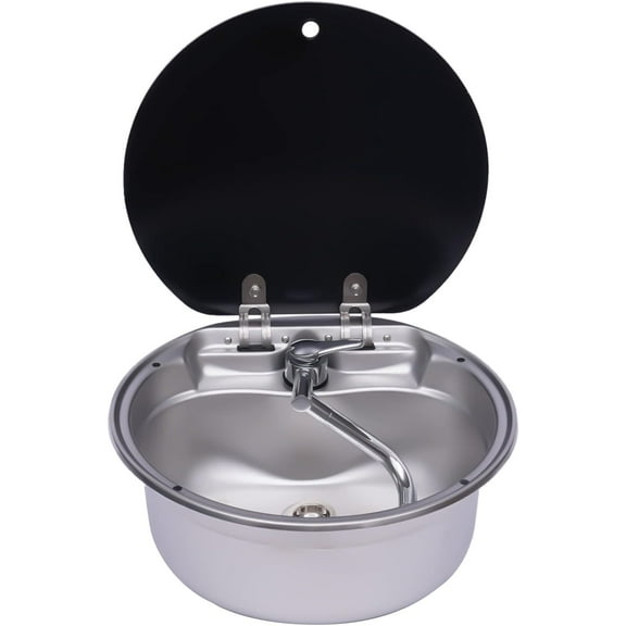 Bar Kitchen RV Sink, Stainless Steel Drop-in Single Bowl Hand Wash Basin Sink with Folding Faucet and Lid for Camper Van Trailer Caravan Motor Home Sink, 16.7 x 16.7 x 5.9in