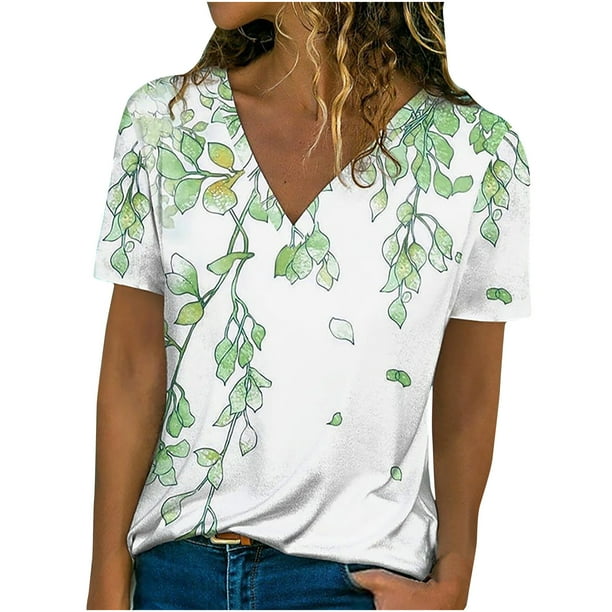 Camiseta de manga corta suelta con cuello en V y estampado informal a la moda para mujer Pompotops hkajfhjk464347