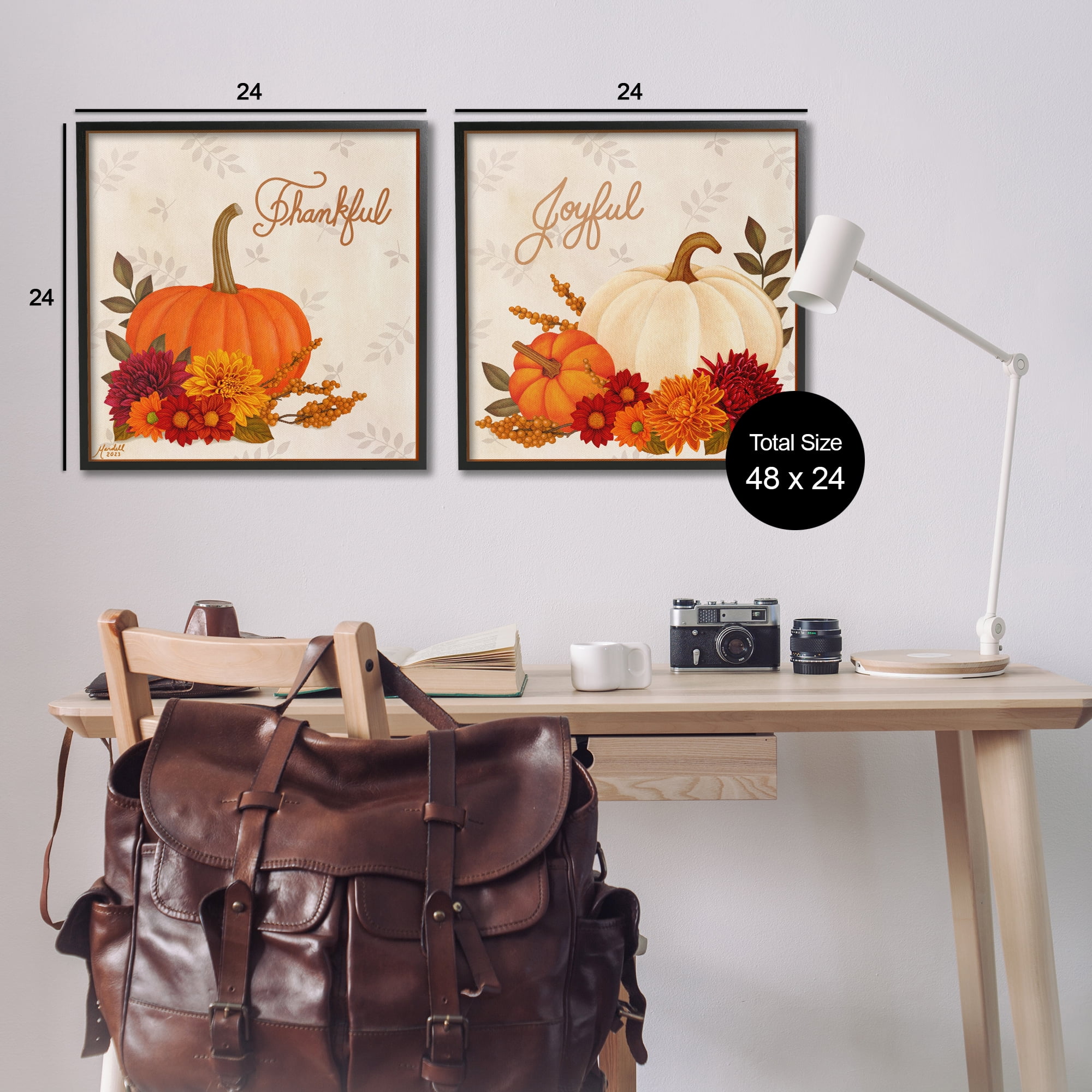 Stupell Industries Joyful Thankful Sentiment Pumpkin Holiday Painting Black Framed Art Prints Wall Art, 24 x 24, Set of 2
