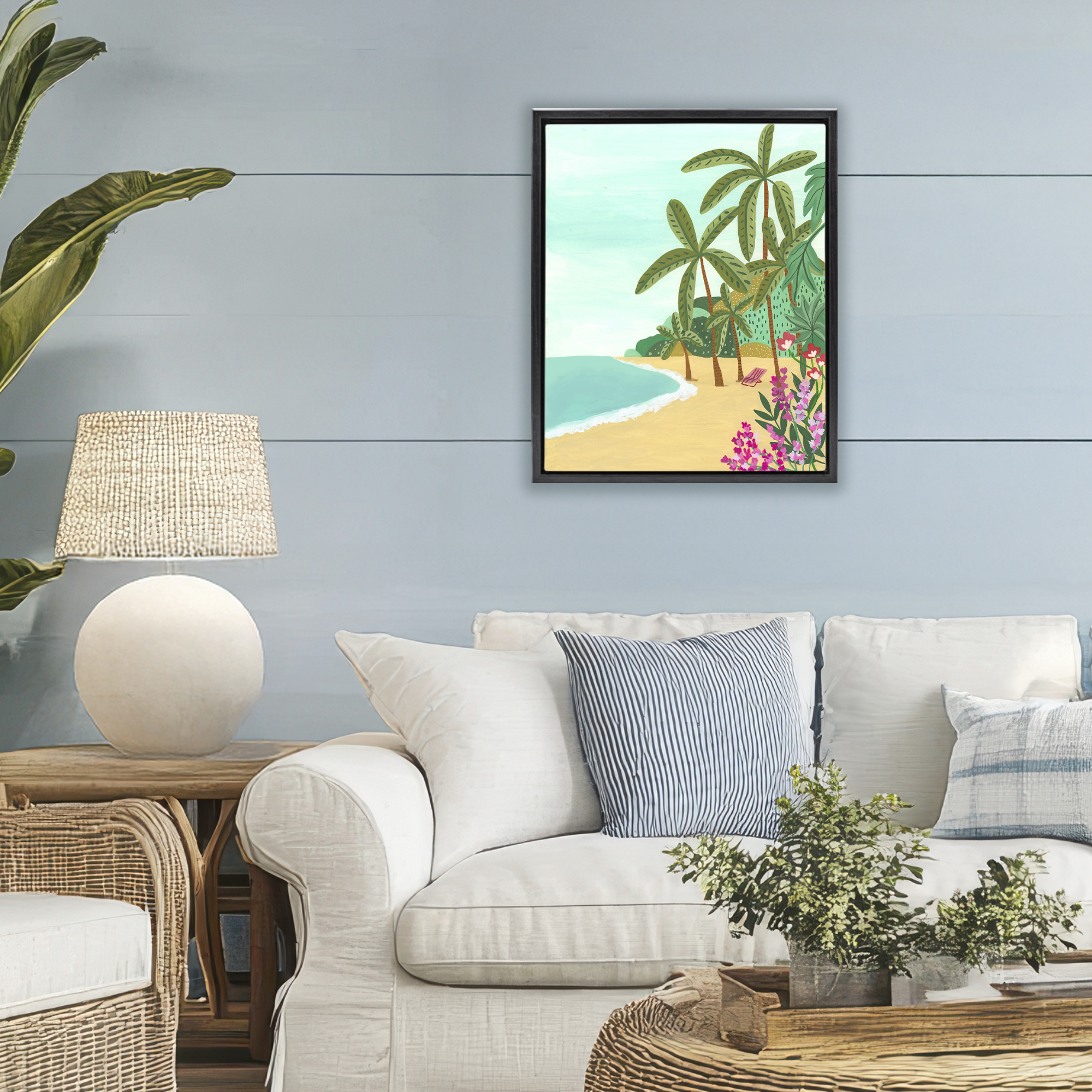 Palm Filled Shoreline Black Framed Floater Canvas Wall Art, design by Nabeela Rumi