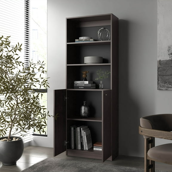 Nmkwnr 3 Shelf Bookshelf Bookcase with 2 Doors Cabinet, Perfect for Living Room, Office, Dark Brown