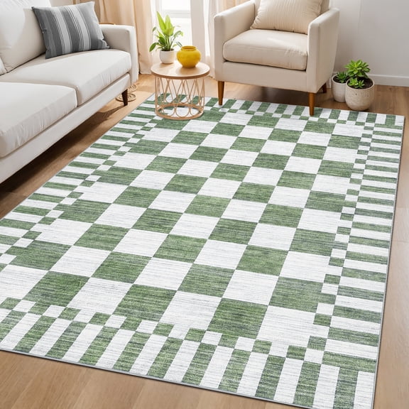 Garvee 6'x9' Checkered Area Rugs Modern Geometric Rug, Washable Non-Slip Low Pile Indoor Carpet for Living Room Bedroom Dining Room, Green