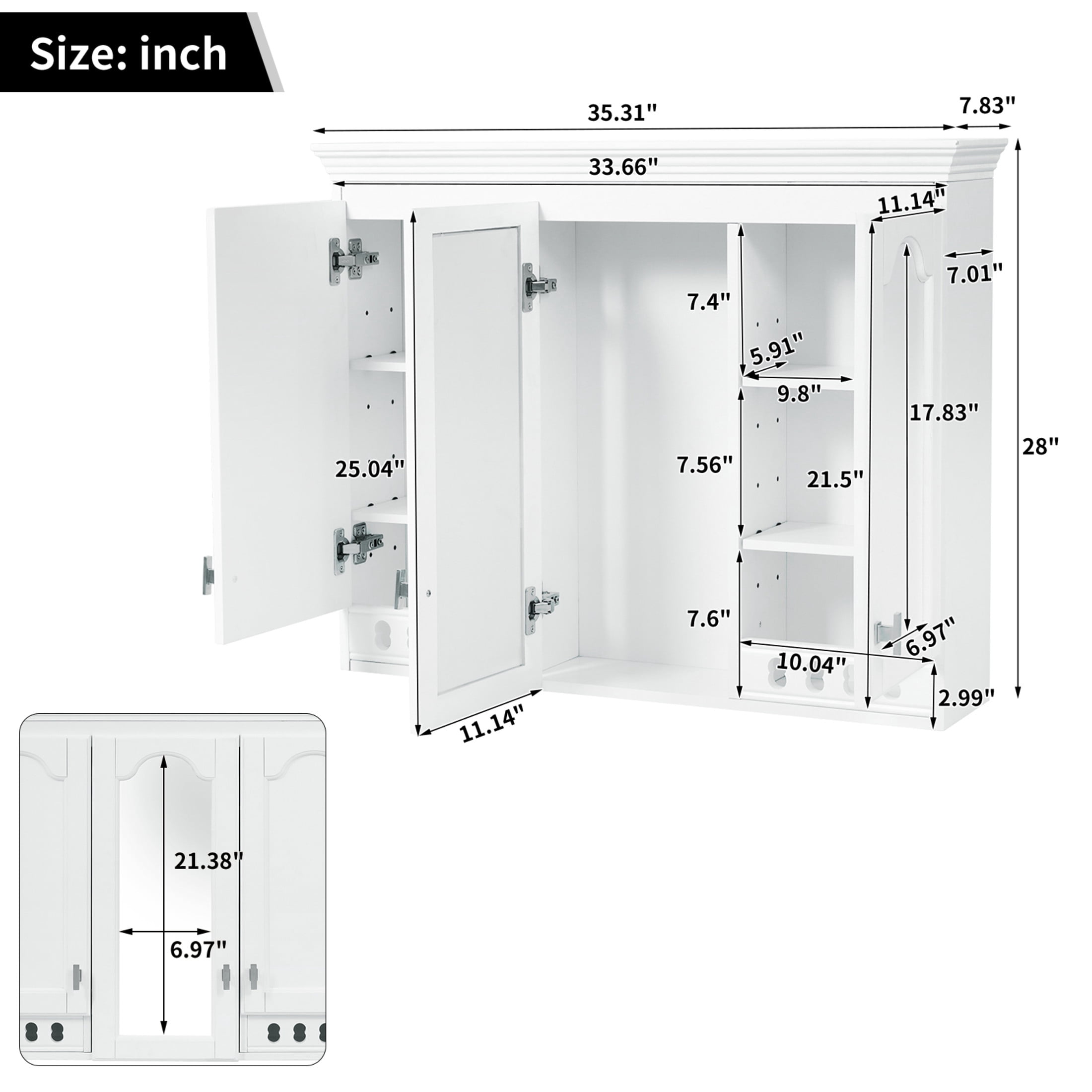 Noble House 35" Wall Mounted Mirror Cabinet with Adjustable Shelves, Soft-Close Hinges, White