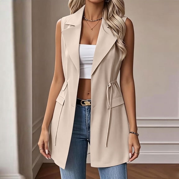 Ynynloco Women's Sleeveless Vest Blazer Lapel Casual Drawstring Waist Open Front Fall Winter Work Office Tops Jacket