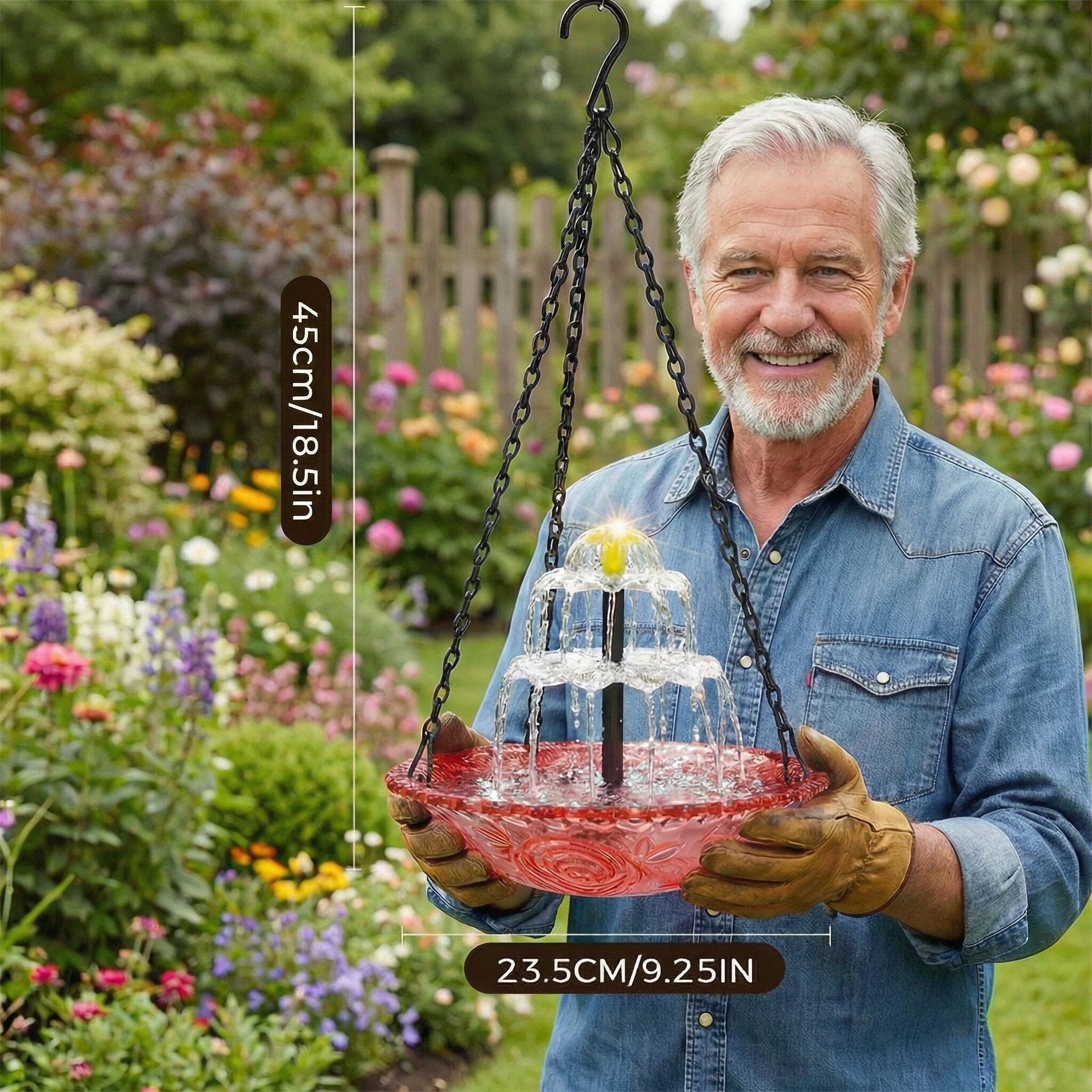 ValueAgain Solar Cascade Hanging Bird Bath Fountain, Outdoor Hanging Bird Bath with Solar Fountain, Large Humming Bird Baths are Suitable, with Solars Pump & Bowl,for Outdoor, Gardens, Red