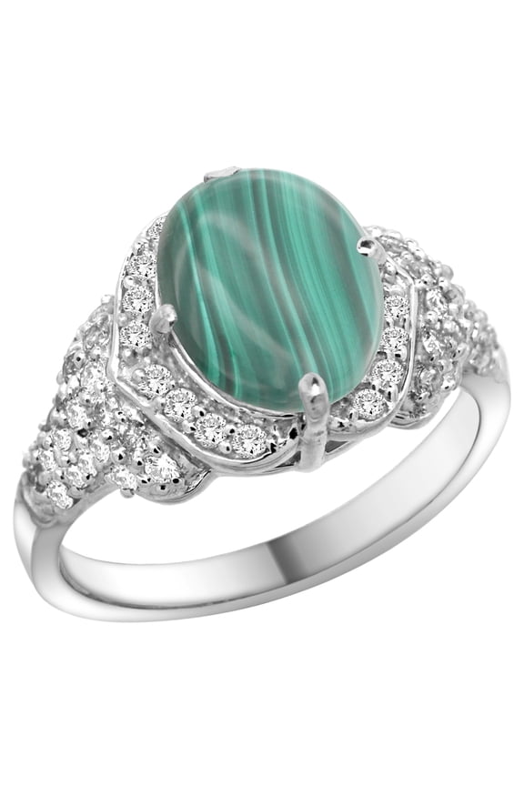 14k White Gold Natural Malachite Ring Diamond Halo Oval 10x8mm, 1/2 inch wide, size 10