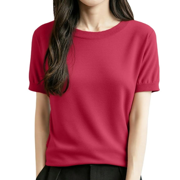 oqasdz Women's Sweaters Short Sleeve Crew Neck Summer Fall Lightweight Sweaters Tunic Tops Business Blouses Fashion Casual Relaxed Fit