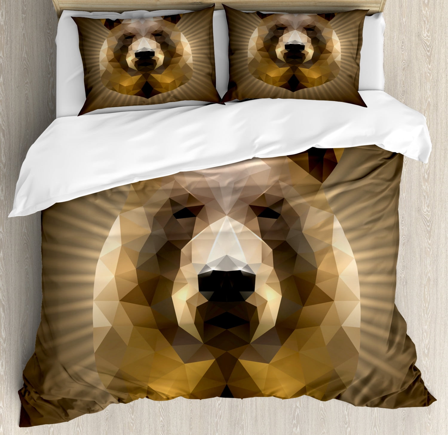 Bear Duvet Cover Set King Size, Polygon Style Fractal Grizzly Portrait Triangular Geometric