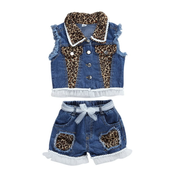 2pcs Toddler Girl Short Pants Set Sleeveless Leopard Print Vest Tops Shorts 1T 2T 3T 4T 5T 6T Kids Casual Summer Denim Outfits