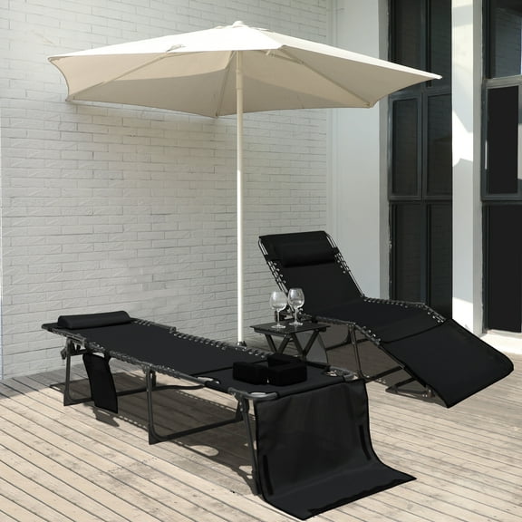 VEIKOUS 2 Pcs Portable Tanning Chair, 5-Position Adjustable Sunbath Lounge Chair W/Face & Arm Hole, Pillow & Pocket, Black
