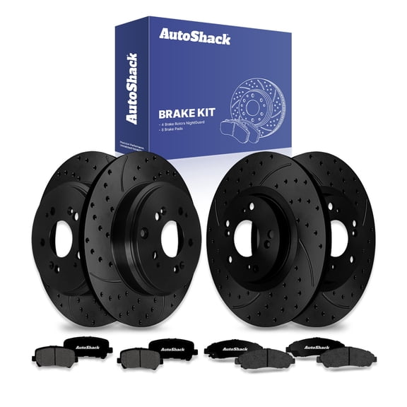 AutoShack Front & Rear Brake Rotors & Premium Pads for Honda & Acura, Pilot 2009-2015 MDX 2007-2013 ZDX 2010-2013, AWD FWD V6 3.5L 3.7L - E-Coated Drilled & Slotted - Black Finish - NightGuard