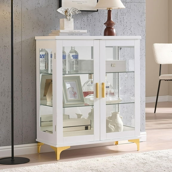 Kings Brand Furniture Modern White Buffet Display Curio Cabinet with Glass Doors and Adjustable Shelves