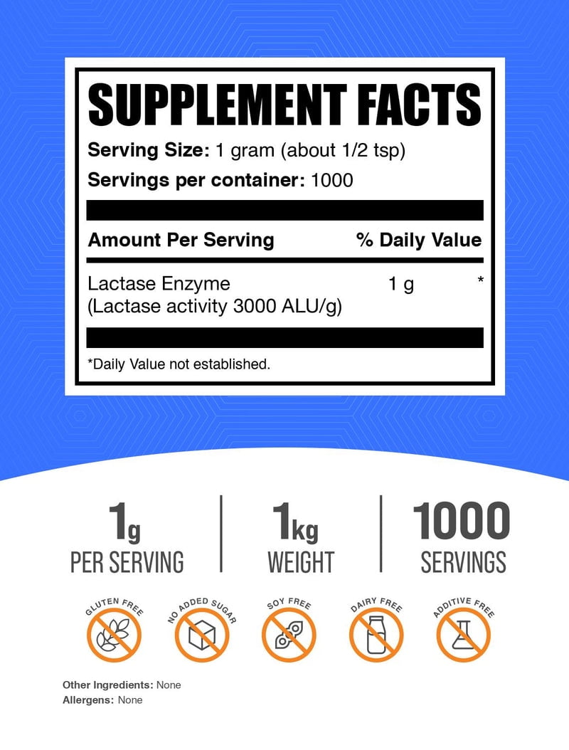 BulkSupplements Lactase Enzyme Powder - 3000 ALU, 1g per Serving - 1 Kilogram (2.2 lbs) - 1000 Servings