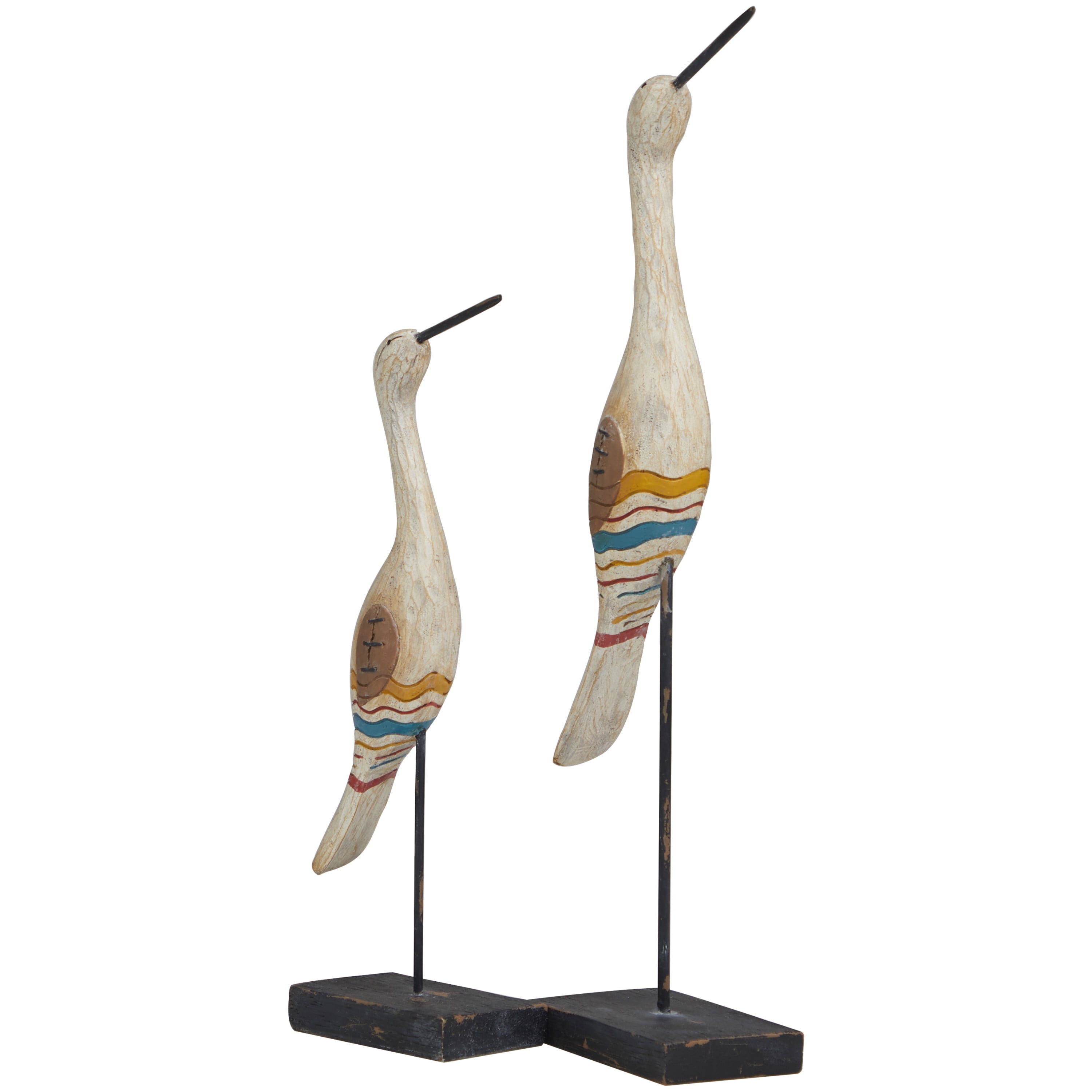 17", 12"H Cream Polystone Handmade Distressed Carved Bird Sculpture with Colorful Patterns and Black Stand, by DecMode (2 Count)