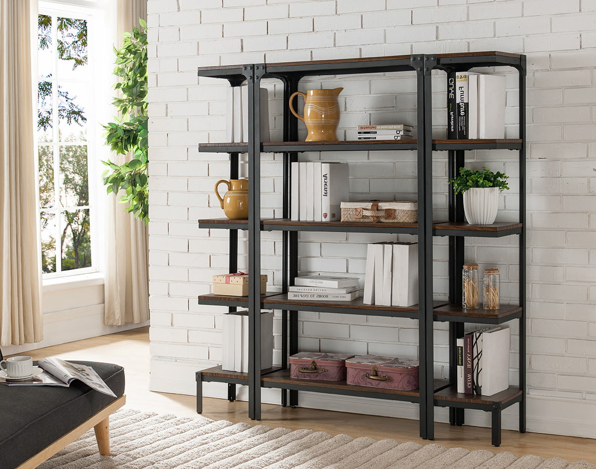 Catalina 5 Tier Bookcase Set by Walnut Wood and Black Metal Industrial