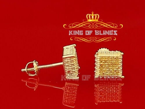 King of Bling's 0.15ct Yellow Diamond 925 Sterling Silver Stud Women's/ Men's Square Earrings