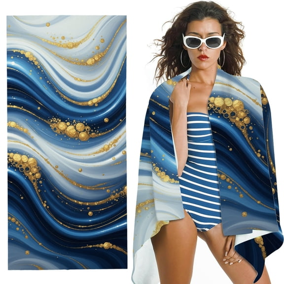 RKSupls Oversized Microfiber Beach Towel - Abstract Beautiful Blue and Gold Ocean Print, for Bathroom, beach, Soft Super Absorbent- 30x60 in