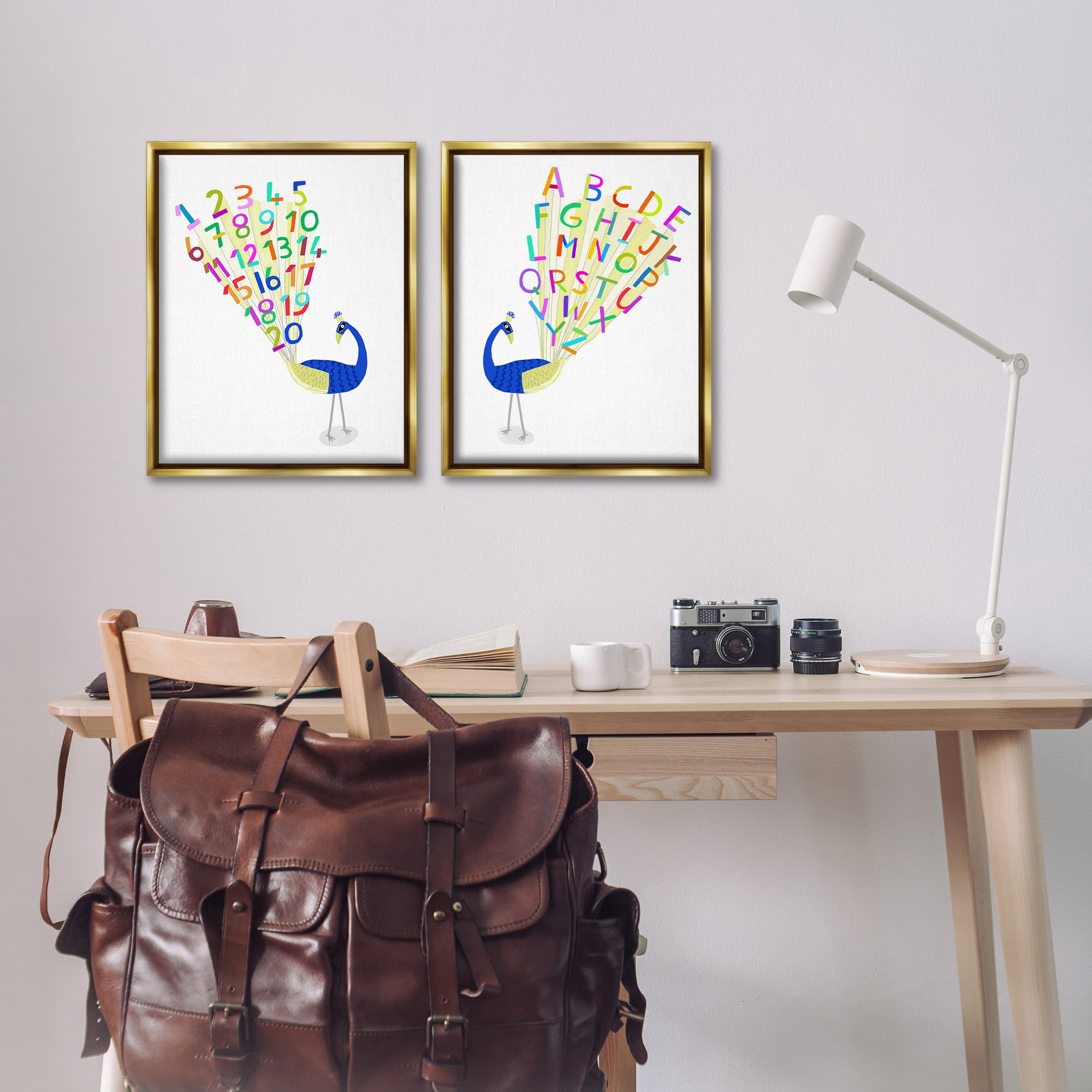 Stupell Industries Peacock Alphabet Numbers Education Painting Gold Floater Framed Canvas Art Print Wall Art, 17 x 21, Set of 2