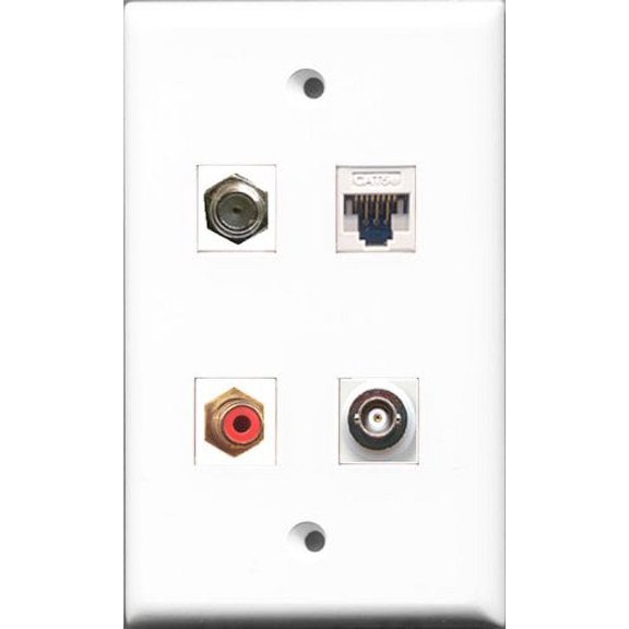 RiteAV 1 Port RCA Red and 1 Port Coax Cable TV- F-Type and 1 Port BNC and 1 Port Cat5e Ethernet White Wall Plate