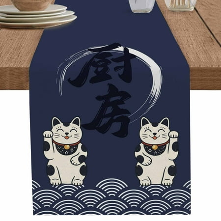 nqOlkjepod Cute Cat Table Runner 60 Inches Long Farmhouse Dress Scarves, Navy Blue Japanese Style Animals Wave Pattern Dining Tablerunner for Coffee Table/Kitchen Island/Party Décor, 13" x 60"
