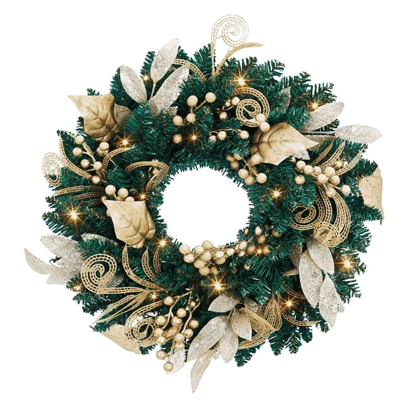 Garvee 18 Inch Pre-Lit Christmas Wreath, Artificial Christmas Wreath with LED Lights, Battery Operated Holiday Wall Decors with Gold Flowers and Berries for Front Door, Gold