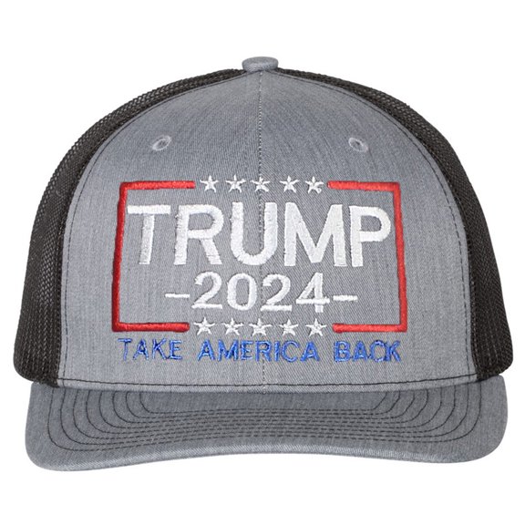Tropic Hats Adult Embroidered Trump 2024 Take America Back 6 Panel Trucker Cap - Heather Gray/Black