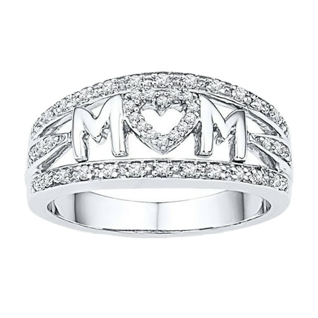 Women Girls WhiteS Gold Plated Rhinestone Heart Ring MOM Letter Ring
