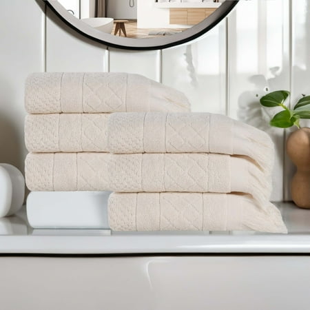BNM Cotton Geometric Soft Hand Towel Set of 6, Ivory