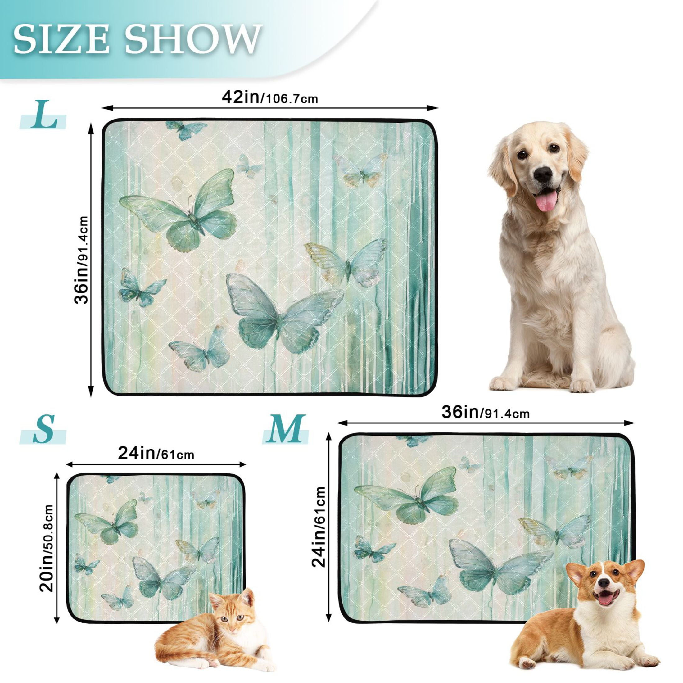 Qxltty Light Green Butterfly Cat litter Pads Pet Set of 3 Diaper Mats Center Anti-leakage Layer Absorbent Soft and Comfortable