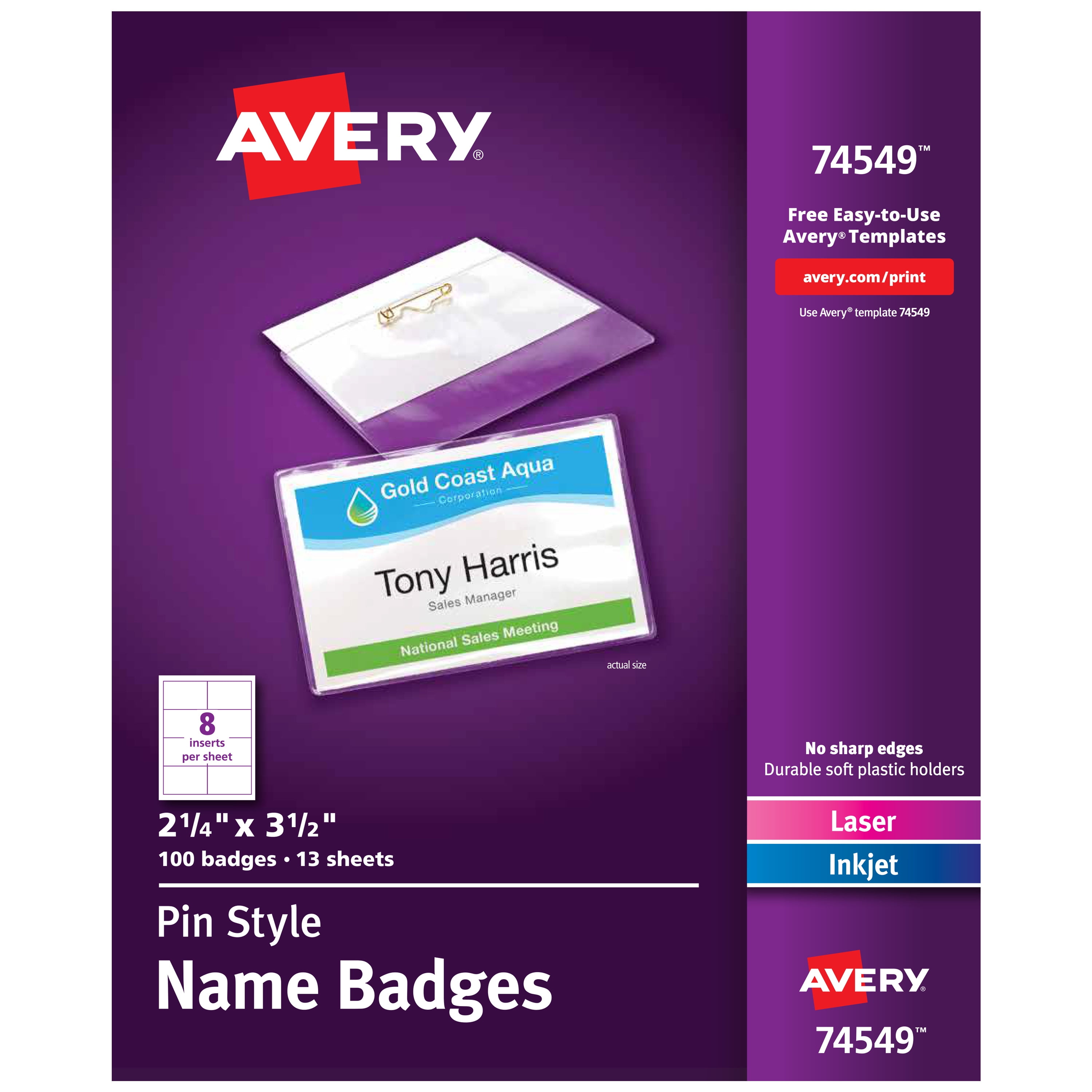 Avery Pin Style Name Badges, 21/4" x 31/2", 100 Badges (74549