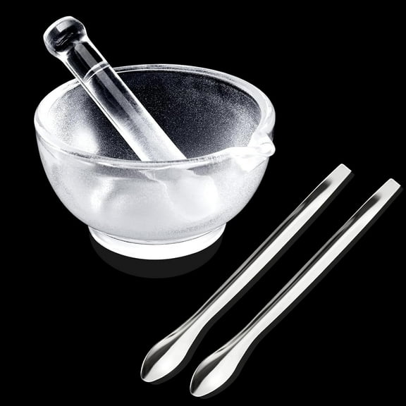 Glass Mortar and Pestle Bowl Set with 2 Stainless Steel Spoon, Mixer and Grinder for Medicine, Laboratory Supplies