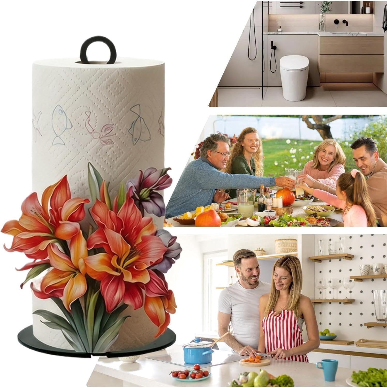 Decorative Paper Towel Holder with Flower Pattern – Freestanding Tissue Roll Rack for Home, Kitchen, Bathroom, or Office