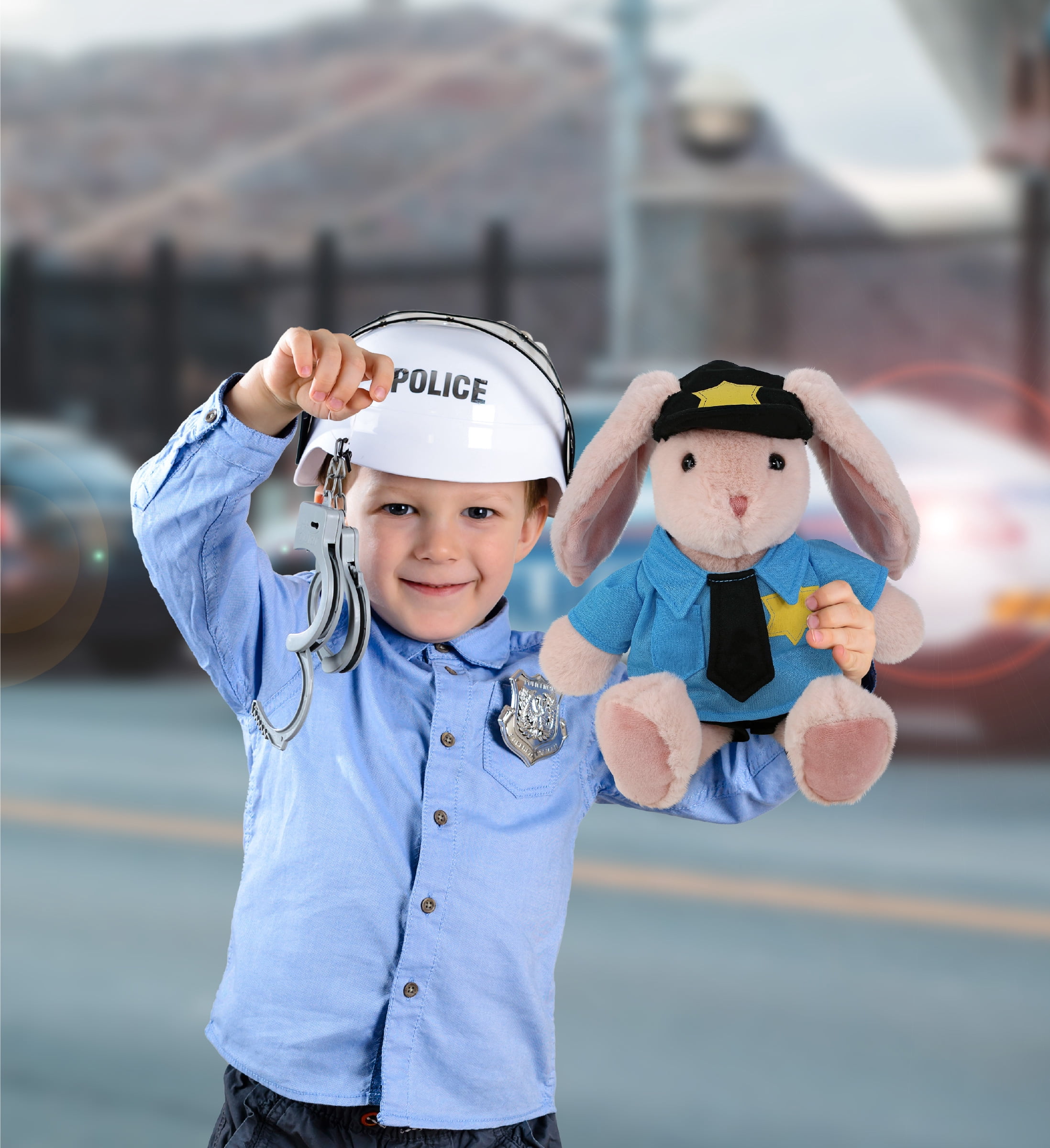 DolliBu Baby Pink Rabbit Police Officer Plush Toy – Super Soft Pink Rabbit Cop Stuffed Animal Dress Up Cop Uniform and Cap Outfit, Fluffy Pink Rabbit Policeman Toy Plush Gift for Kids – 8 Inches