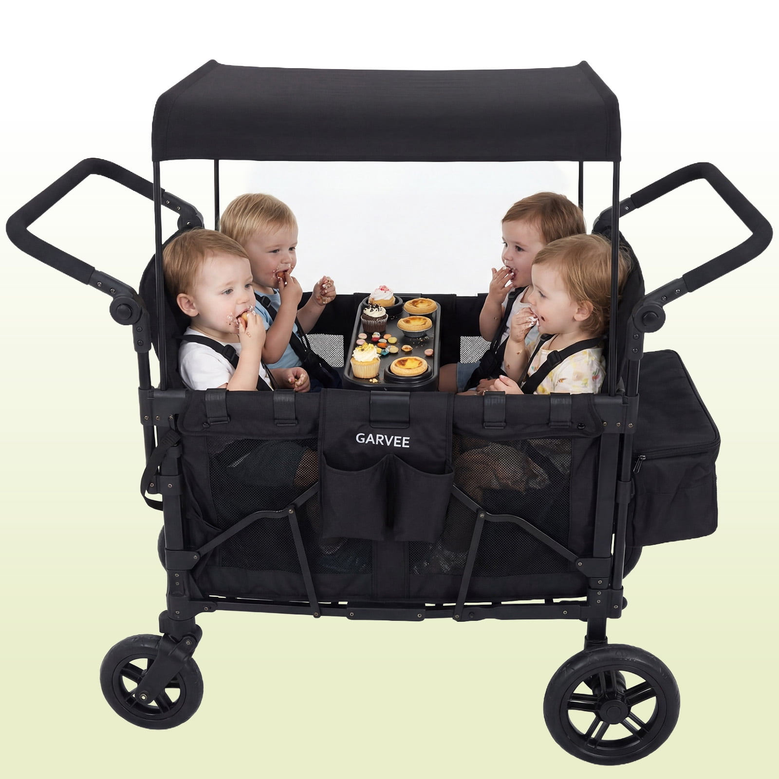4-Seater Kids Wagon Stroller with Canopy, Foldable Push & Pull Wagon with 5-Point Safety Harness, 360° Wheels, Large Storage Bag, Heavy Duty Outdoor Wagon for Camping, Beach & Garden (Black)