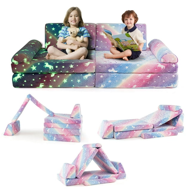 Honeyjoy 8 PCS Modular Kids Play Couch with Handles Machine Washable Covers for Building Fort Multicolor
