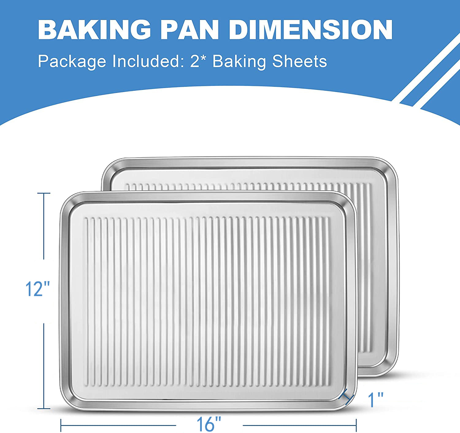 Wildone Baking Sheet Set of 2 - Stainless Steel Cookie Sheet Baking Pan, Size 16 x 12 x 1 inch, Non Toxic & Heavy Duty & Mirror Finish & Rust Free 